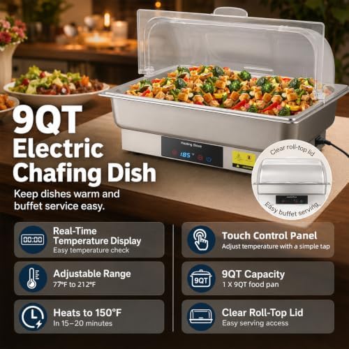 Electric Chafing Dish Buffet Server with Touch Control, 9QT Full Size Food Pan, Stainless Steel Roll Top Food Warmer for Catering Buffet - Image 2