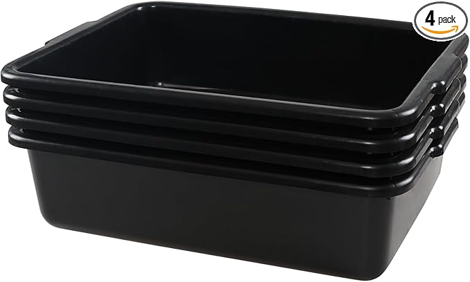 4-Pack 23 L Plastic Bus Box, Black Commercial Food Grade Bus Tote Tub