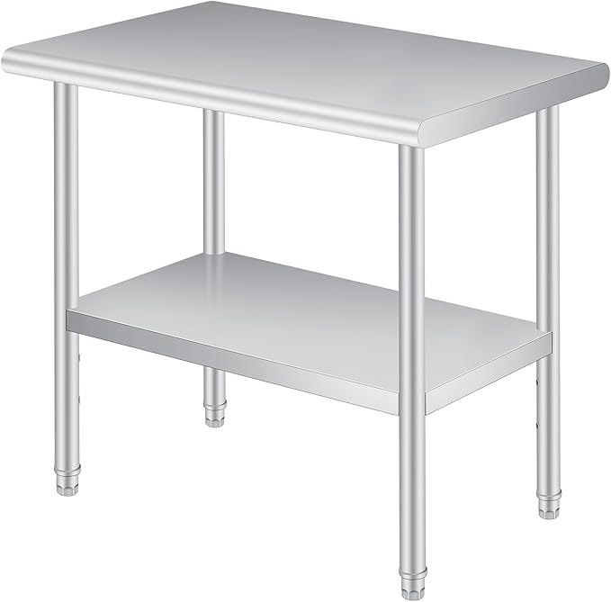  Stainless Steel Prep Table, 24 x 60 Inches, with Rounded-Corner, Adjustable Undershelf, Commercial Heavy Duty Table with Adjustable Under Shelf for Outdoor Use,Restaur
