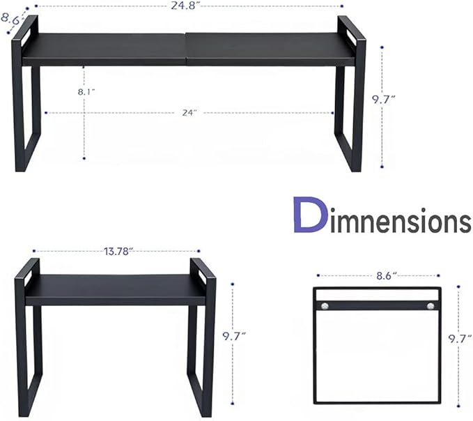 Microwave Oven Rack Expandable Countertop Heavy Duty Microwave Shelf 2-Tier Adjustable Metal Storage Shelf Rack for Kitchen (Black-S)