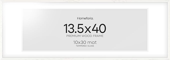 Homeforia 13.5x40 White Wood Picture Frame, High End Oak 13.5x40 Panoramic Poster Frames with Mat 10x30 Art, 13.5 x 40 Wooden Frame Matted to 10 x 30, 40x13.5 Frame, Tempered Glass, Wall Kit, Set of 1