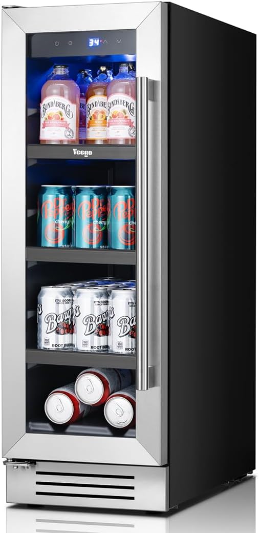 Yeego 12 Inch Beverage Refrigerator - 60 Cans Compact Beverage Cooler with Glass Door, Under Counter Drink Fridge Built-In or Freestanding for Soda, Beer & Wine, Office, Kitchen or Home Bar