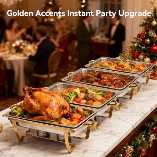 9Qt Chafing Dishes for Buffet, 4 Pack Gold 304 Stainless Steel Chafing Dish Sets, Food Warmers for Parties Buffet,Complete Buffet Servers and Warmers to Keep Food Warm - Image 4