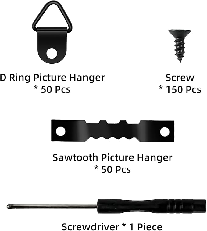 251 Pcs Picture Hanging Kit, Include 50 Sawtooth Picture Hangers, 50 D Rings, 150 Screws and Screwdriver, Heavy Duty Picture Frame Hanging Hardware for Wall Artworks Frame Canvas Mounting