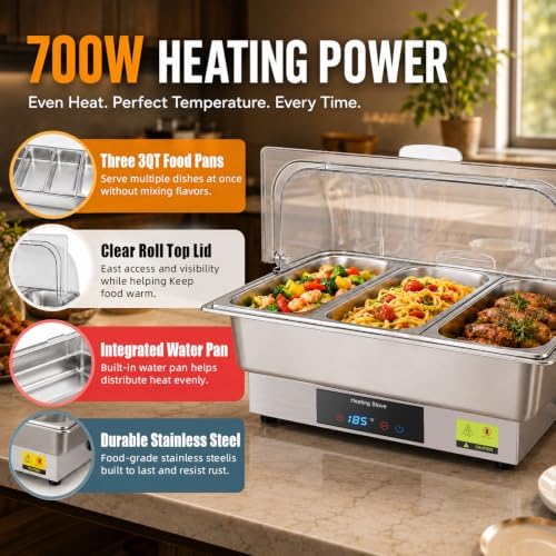 Electric Buffet Server Set with Touch Control, 9QT Three-Section Food Pan (3 × 3QT), Stainless Steel Roll Top Chafing Dish for Catering Buffet - Image 4