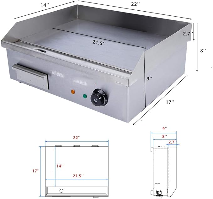 Commercial Electric Griddle 110V 3000W Electric Flat Top Griddle Non-Stick Teppanyaki Grill, 22'' x 14'' Cooking Plate, Stainless Steel Restaurant Electric Countertop Griddle Tabletop Grill