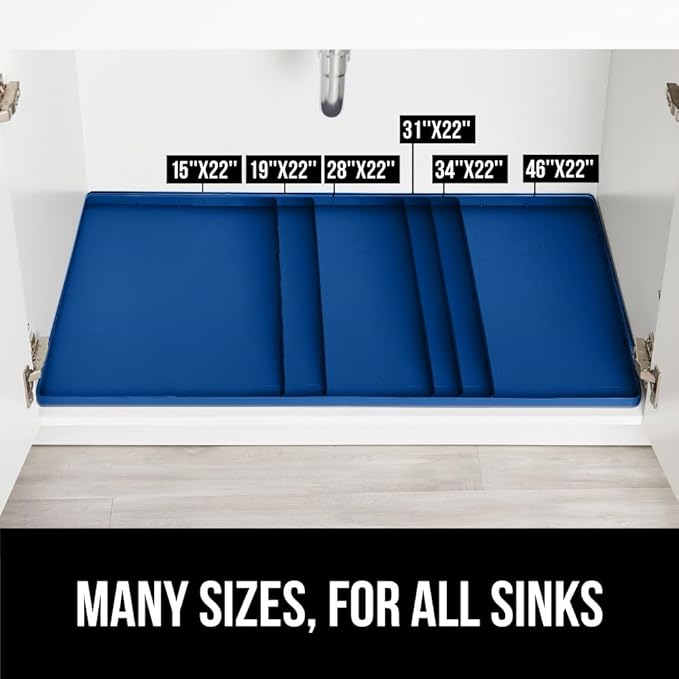 GORILLA GRIP Waterproof Silicone Under Sink Mat with Raised Lip for Kitchen and Bathroom, Cabinet Shelf Liner Stay in Place Mats Dishwasher Safe Drawer Liner, Organizer Tray, 19 x 34 in, Blue
