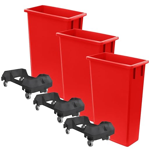 3 Pack 23 Gallon Waste Bin with Dolly, Heavy-Duty Trash Can, Slim Rectangular Garbage Bin, Durable Waste Container, Recycling Bin, Plastic Wastebasket for Kitchen, Garage, Restaurants, Office