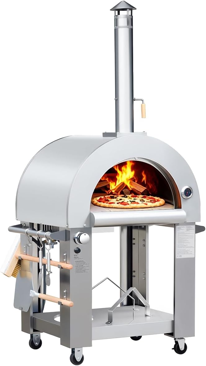 32.5" Dual Fuel Pizza Oven - Wood Fired or Propane Gas Fueled, Large Outdoor Oven with 4 Casters, 8 pcs Pizza Stones for BBQ, Grilling, 430 Stainless Steel Pizza Oven for Backyard, Camping and Party