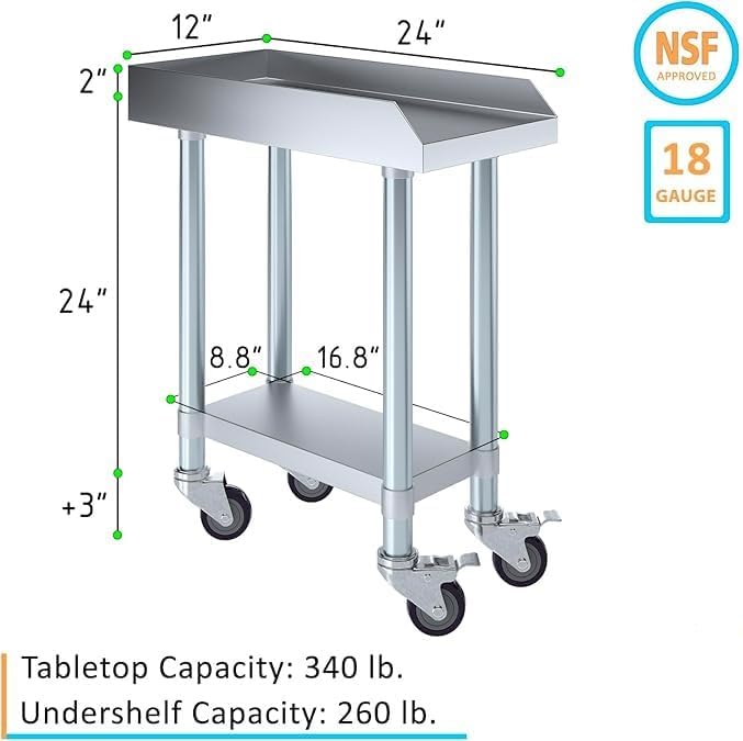 Stainless Steel Equipment Stand with Undershelf + Casters, Heavy Duty, Commercial Grade, NSF Certified (24" Width x 12" Length + Casters)
