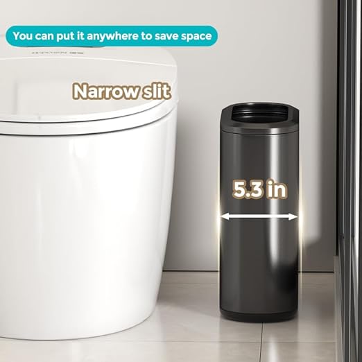 9 Liter Small Bathroom Trash Can No Lid - Open Top Stainless Steel Bathroom Trash Can 2.4 Gallon, Slim Silver Trashcans for Bedroom, Office, Desk, Kitchen with Removable Bin (9L Black)