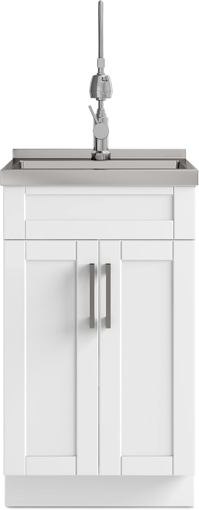 SIMPLIHOME Hennessy All-in-One 20 inch Wide Utility Sink and Laundry Cabinet in Pure White Finish, Transitional Stainless Steel Sink Cabinet for Laundry Rooms with High-Arch Chrome Faucet and Storage