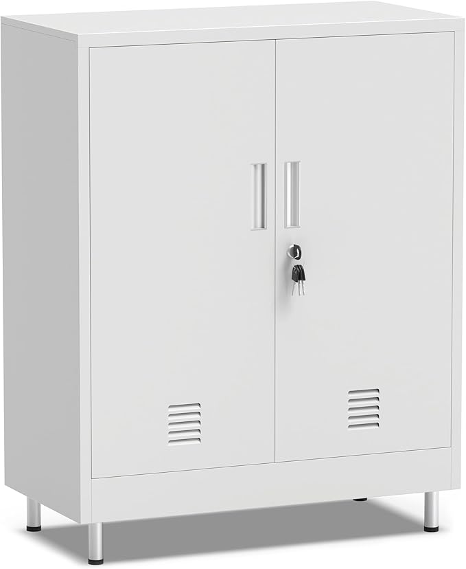Metal Storage Cabinet with Locking Doors and 2 Adjustable Shelves, Lockable Storage Cabinet for Home Office Garage Pantry Living Room (White)