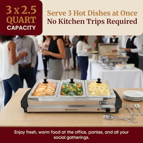 Elite Gourmet EWM-6171 Triple Buffet Server, 7.5 Qt, Stainless Steel - Image 2