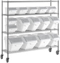 18x72 Inch Chrome Wire Shelving Unit with 15 Ingredient Storage Bins, 4 Shelves, 600 lb Capacity per Shelf, Mobile Cart with Casters, Clear Lids