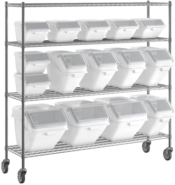 18x72 Inch Chrome Wire Shelving Unit with 15 Ingredient Storage Bins, 4 Shelves, 600 lb Capacity per Shelf, Mobile Cart with Casters, Clear Lids