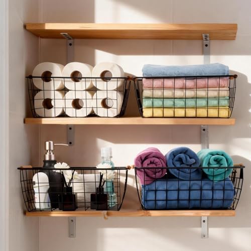Black 2PCS Wire Storage Baskets with Wooden Handles for Pantry Organizer - Image 3