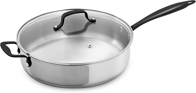 GrandTies Tri-Ply Stainless Steel Saute pan Induction Cookware – 5 QT 12 Inch Capsule Bottom Stainless Steel Pan, Marquina Black Metal Handle Kitchen Cooking Pan with Lid, Dishwasher Safe Pot
