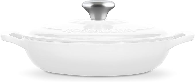 Signature Enameled Cast Iron Braiser, Non-Stick Serving Pot with Tight Fitting Lid for Perfect Roasting, Baking, Sauteing, Searing, and Pan Frying | 3.5Q (3.3L) - White