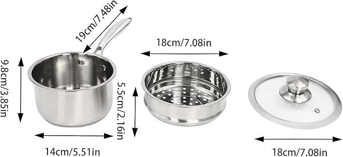 Steamer 18cm/7.08in, 2-tier Polished Stainless Steel Steam Cooker w/Clear Lid, 14cm/5.51in Saucepan w/ 19cm/7.48in Handle, Home Stackable Steam Pot for All Stoves (1xBottom Pot, 1xSteaming Basket)