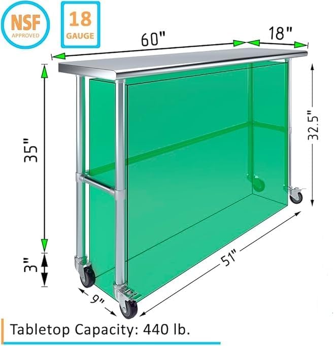 Stainless Steel Work Table Open Base & Wheels | Work Station | Metal Work Bench (Stainless Steel Work Table Open Base + Casters) (60" Long x 18" Deep)