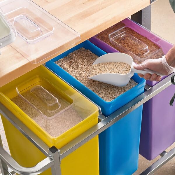 30 Gallon Mobile Triple Ingredient Storage Bin, Yellow/Blue/Purple, Polyethylene Construction, 480 Cup Capacity, with Cart and Clear Lids, 36.5x17x29 Inches