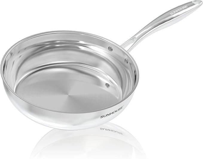 Sunhouse 8 Inch Tri-Ply Stainless Steel Frying Pan, Whole-Clad No Coatings Skillet with Stay-cool Handle for Cooking, Durable & Oven Safe to 500°F, Dishwasher Safe, Compatible with All Cooktops