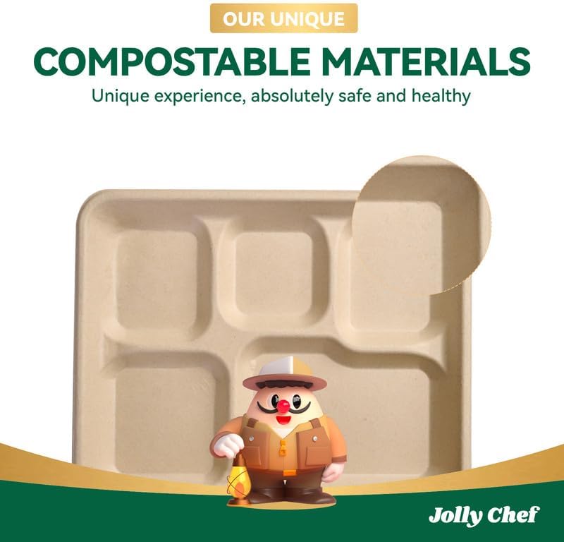 Compostable 5 Compartment 10*8.25*1 Inch 125 Pack Heavy Duty Paper Plates - Image 7