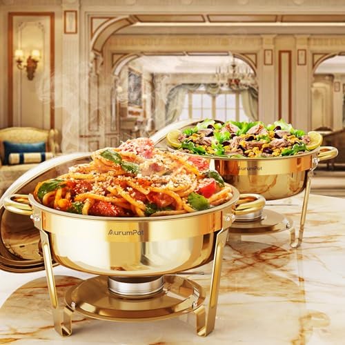 All Gold Chafing Dishes for Buffet 4 Pack, 6QT, Round Stainless Steel by AurumPotOfficial