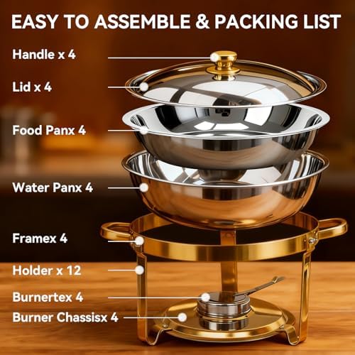 4-Pack Chafing Dish for Buffet Set, 6QT Round 304 Stainless Steel Complete Buffet Warmer – Includes Lids, Water Pans, Folding Stands & Clips for Catering, Events, Parties,Gold - Image 3