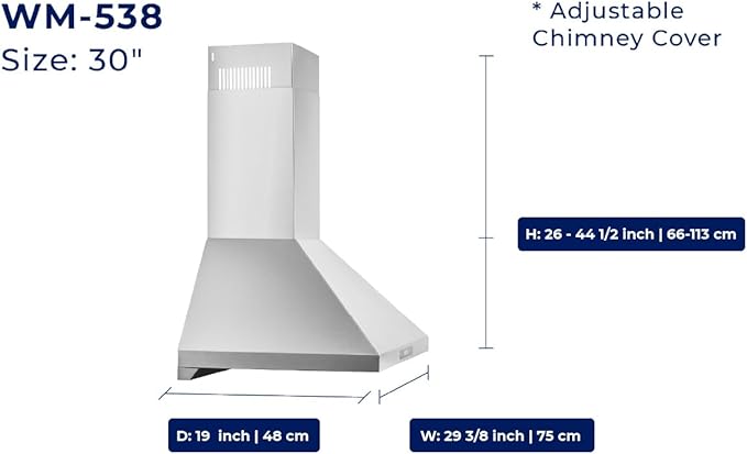 Hauslane Range Hood Wall Mount 30" Ducted or Ductless Kitchen Vent Hood Stainless Steel Stove Hood - 3 Speed, Touch Control, LED Lamps, Baffle Filters, Auto Shut-off, WM538 Matte White
