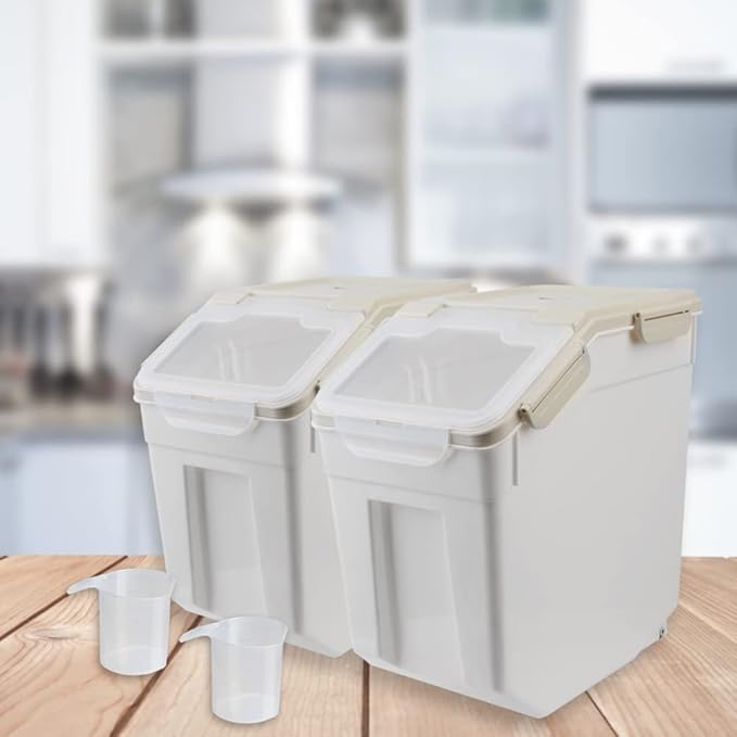 2 Pack Rice Storage Container with Measuring Cup 50 lb Flour Storage Container with Wheels, BPA Free Food Storage Container Dog Cat Food Bin Set for Dry Food Sugar, Cereal(Gray)