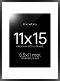 Homeforia Black 11x15 Picture Frame, High End Metal 11x15 Poster Frames with Mat 8.5x11, 11 x 15 Black Frames Matted to 8.5 x 11 inch Photo, 11 by 15 Hanging Frames, Tempered Glass, Wall Kit, Set of 1