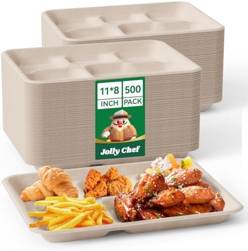 Compostable 5 Compartment Paper Plates 11*8 Inch 500 Pack Divided Plates by JOLLYCHEF