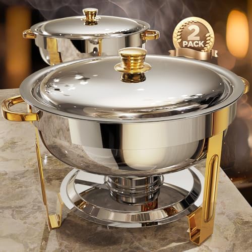 Chafing Dishes for Buffet 2 Pack, 6QT [Worry-Free Assemble] Round Chafing Dish Buffet Set [Elegant Gold and Silver Colors] Stainless Steel Chafers and Buffet Warmers Sets for Parties with Complete Set by ZILODE