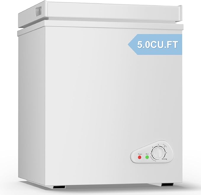 TABU 5.0 Cubic Feet Chest Freezer, Compact Freestanding Deep Freezer with 7 Level Adjustable Thermostat & Removable Basket,Top Opening, Low Noise(White, 5.0 Cu.Ft.)