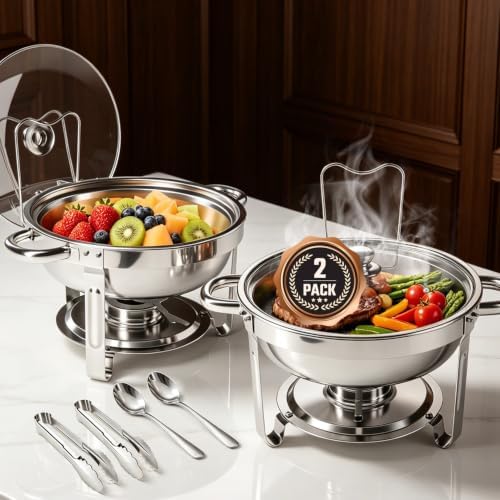 Chafing Dishes for Buffet, 2 Pack 5QT Stainless Steel Round Buffet Servers and Warmers, Buffet Warmer Set with 2 Serving Tongs & Spoons, Food Warmers for Parties, Weddings, Catering Events by Unknown