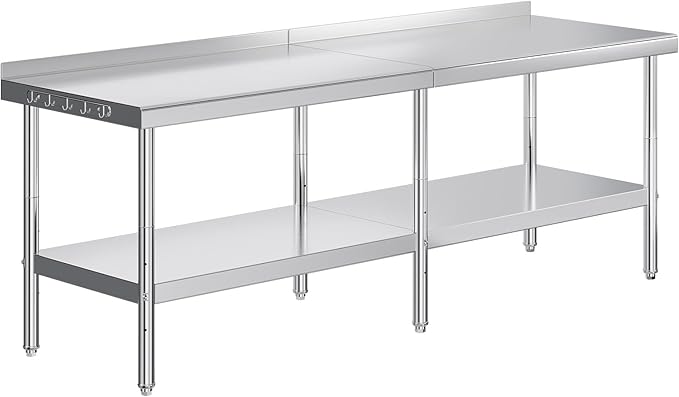 Jocisland 30" x 96" Stainless Steel Table for Prep & Work with Backsplash, Adjustable Under Shelf & Safe Design for Restaurant, Home and Outdoor