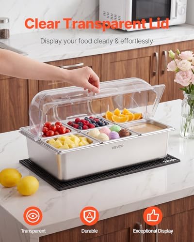 VEVOR Countertop Food Serving Display Container, Stainless Steel Food Salad Server Tray, Buffet Condiment Dispenser, Ice Cooled Rack with Clear Roll Top Cover, for Restaurant Hotel (6x1/6 Pan x2) - Image 3