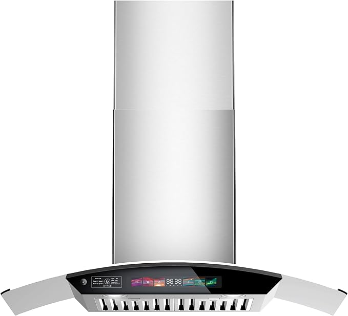 30 inch Wall Mount Range Hood Tempered Glass 900 CFM, Voice/Gesture/Touch Control, Stainless Steel Kitchen Hood Vent with 4 Speed Exhaust Fan, Adjustable Lights, Memory Mode