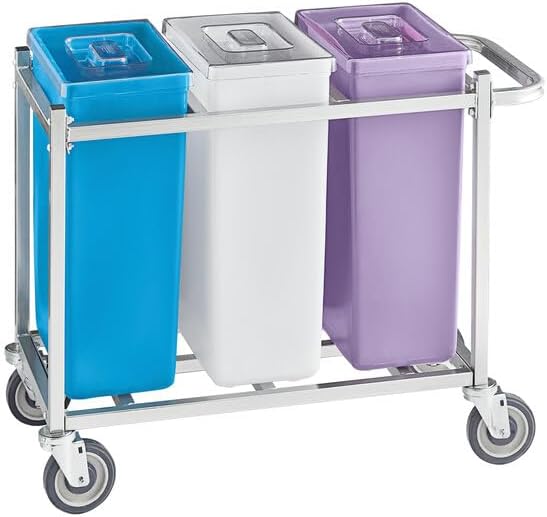 Mobile Triple Ingredient Storage Bin, 30 Gallon Capacity, White/Blue/Purple, with Cart and Clear Lids, Rectangle Shape, Polyethylene Construction