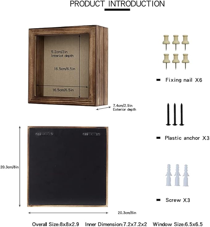 Freezing point Shadow Box Frame 8x8 Shadow Boxes Display Case with Linen Back Memorabilia Awards Medals Bouquet Photos Picture Badge Wedding Memory Box for Keepsakes Carbonized Small Pin Board