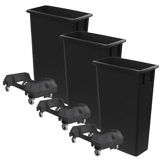 3 Pack 23 Gallon Waste Bin with Dolly, Heavy-Duty Trash Can, Slim Rectangular Garbage Bin, Durable Waste Container, Recycling Bin, Plastic Wastebasket for Kitchen, Garage, Restaurants, Office