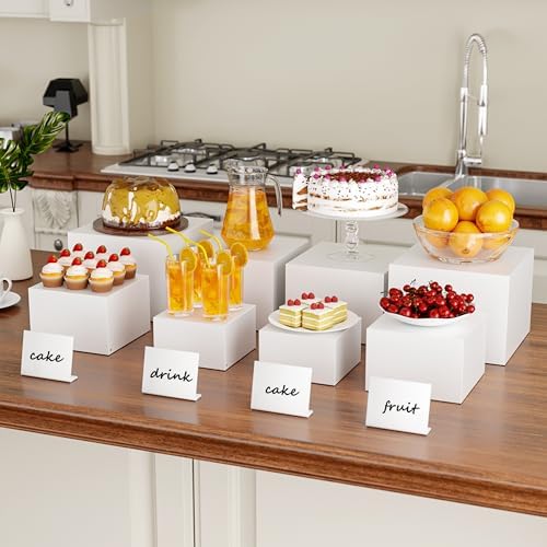 Metal Buffet Risers,4PCS Food Risers for Buffet Table 5in to 8in Display Stand with Mini Acrylic Signs for Catering Dessert Collectibles Jewelry Figures Show Grayish White Cube Boxes Nesting Risers with Hollow Bottoms - Image 3