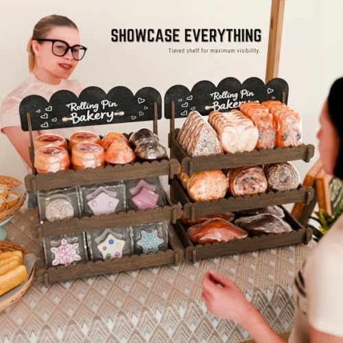 HOTCAN Wooden Cookie Display Stand with Chalkboard Sign for Bakers, Vendors, Craft Fairs | Pastry Display for Market Booths & Events | 3 Tiered Cookie Display for Muffins, Cakes, and Pastries (Brown) - Image 3