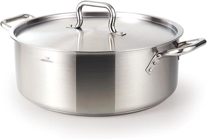 HOMICHEF 19 Quart LARGE Stainless Steel Braiser Pan with Lid - Commercial Grade NICKEL FREE Matte Polished Stainless Steel Braiser Pot 19 QT - Heavy Weight Braising Pan Non Toxic Induction
