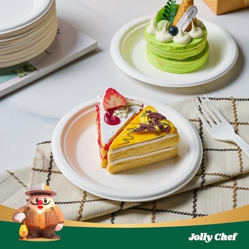 JOLLY CHEF Dessert Plates 6 Inch Paper Plates Compostable White 200 Pack - Image 2