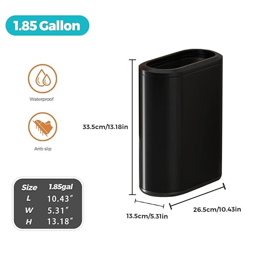9 Liter Small Bathroom Trash Can No Lid - Open Top Stainless Steel Bathroom Trash Can 2.4 Gallon, Slim Silver Trashcans for Bedroom, Office, Desk, Kitchen with Removable Bin (9L Black)