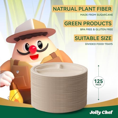 JOLLY CHEF Heavy Duty Compostable 3 Compartment Paper Plate 9 Inch 125 Pack - Image 5