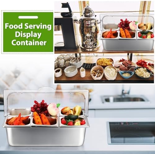 Ziliny 6 Pan Cold Food Buffet Server with Lid Salad Bar Station, Silver - Image 6